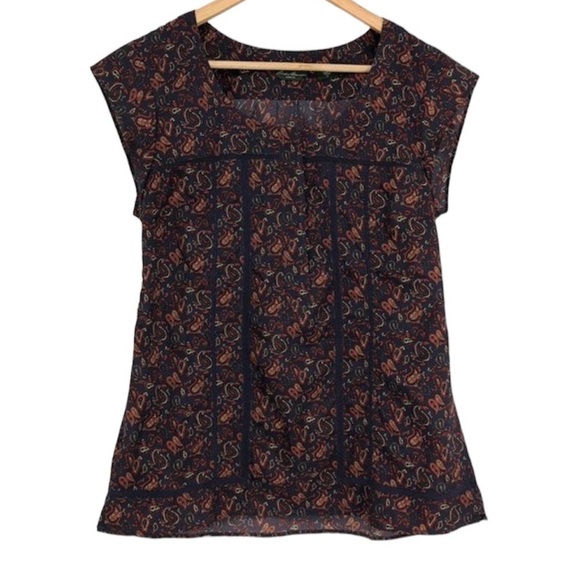 Eddie Bauer Navy burgundy Paisley cap sleeve button front lace cutout blouse Med - Picture 15 of 15